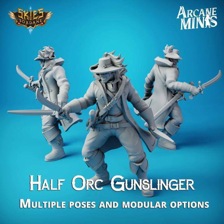 Half Orc Gunslinger Arcane Minis, Resin Miniature, Skies of Sordane